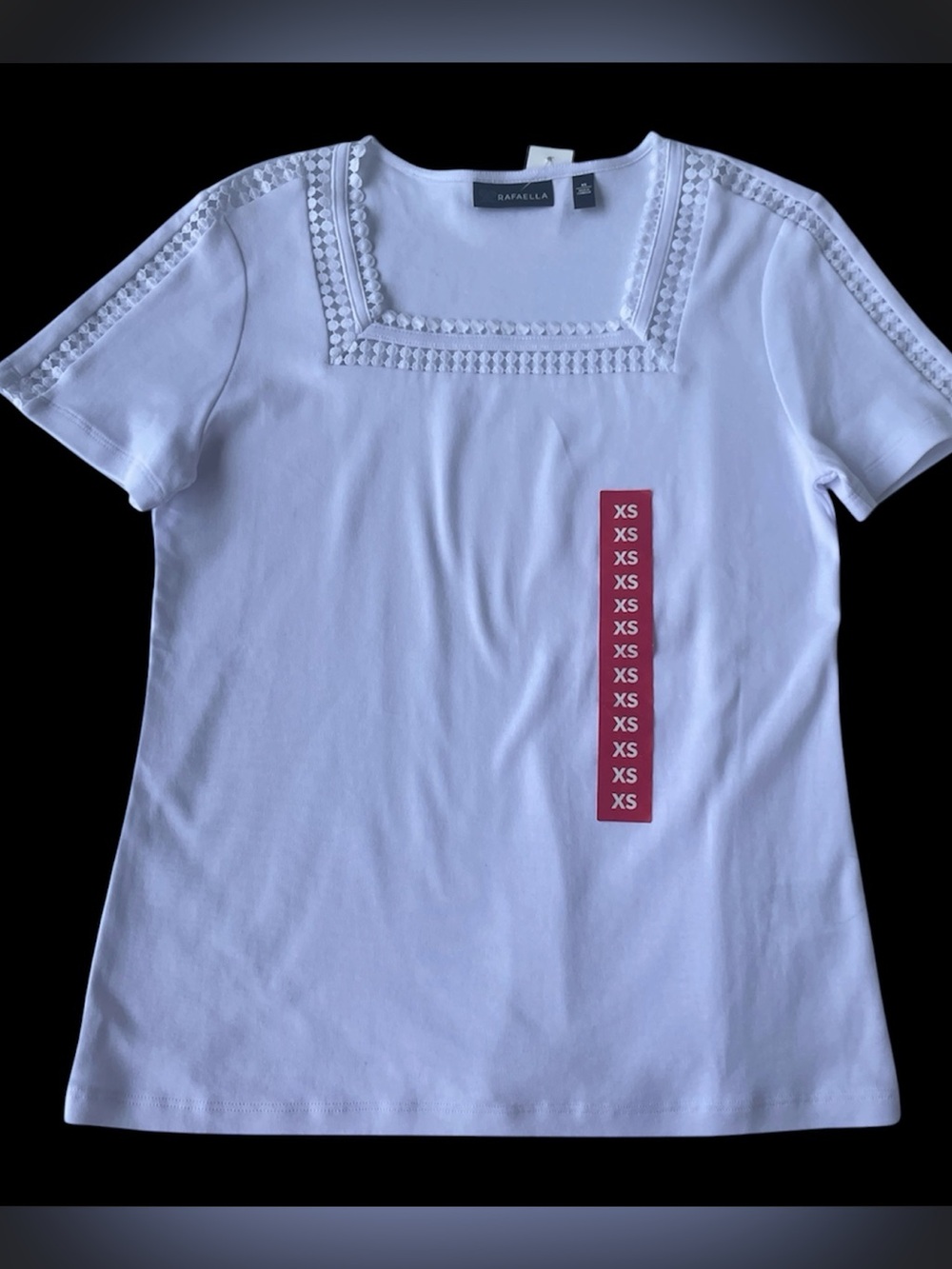 Rafaella White T-Shirt Top Woman's XS Crochet Lace Trim Square Neck Cotton NWT
